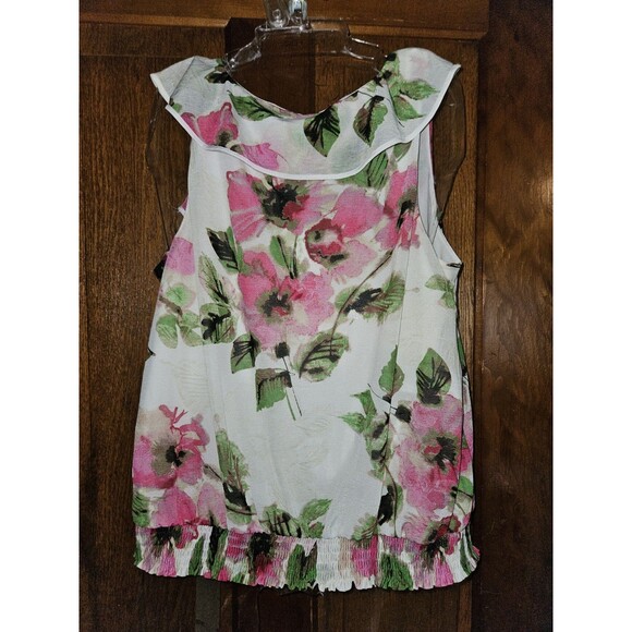 Elle White Green Pink Floral Ruffle Mesh Sleeveless Sheer Blouse Top Women Large - Picture 2 of 6